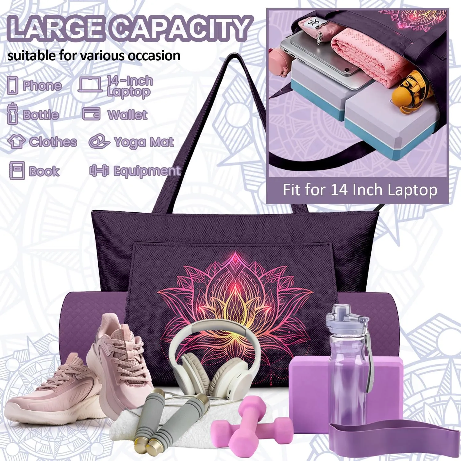 Women's Yoga Bag with Yoga Mat Carrier - Large Mat Pocket Fitness Tote for Pilates, Gym, Travel, Office & Beach