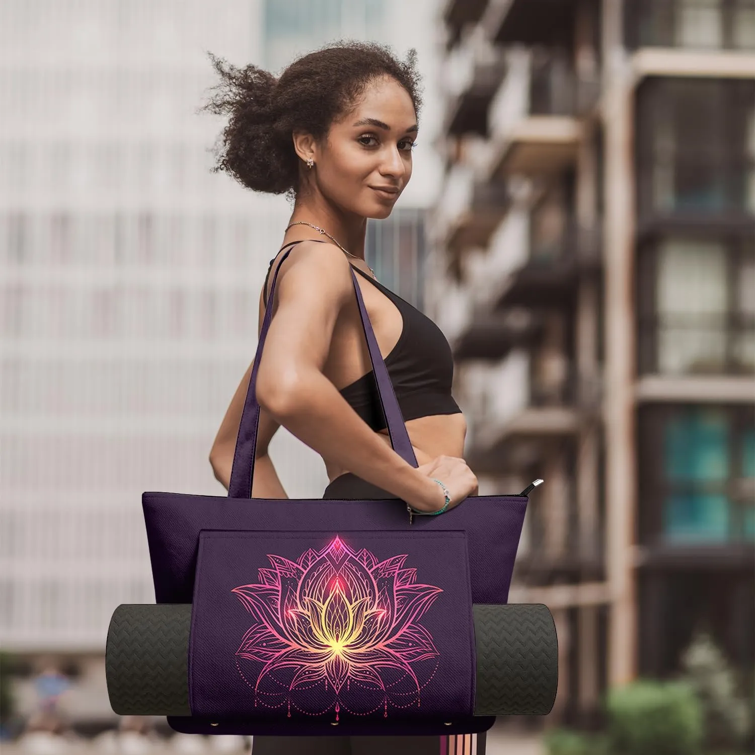 Women's Yoga Bag with Yoga Mat Carrier - Large Mat Pocket Fitness Tote for Pilates, Gym, Travel, Office & Beach