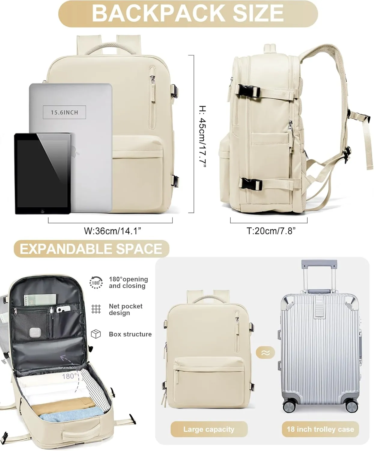 WONHOX Large Travel Backpack Carry on Flight Approved Laptop Work Business Backpack for Women Men Mochila de Viaje