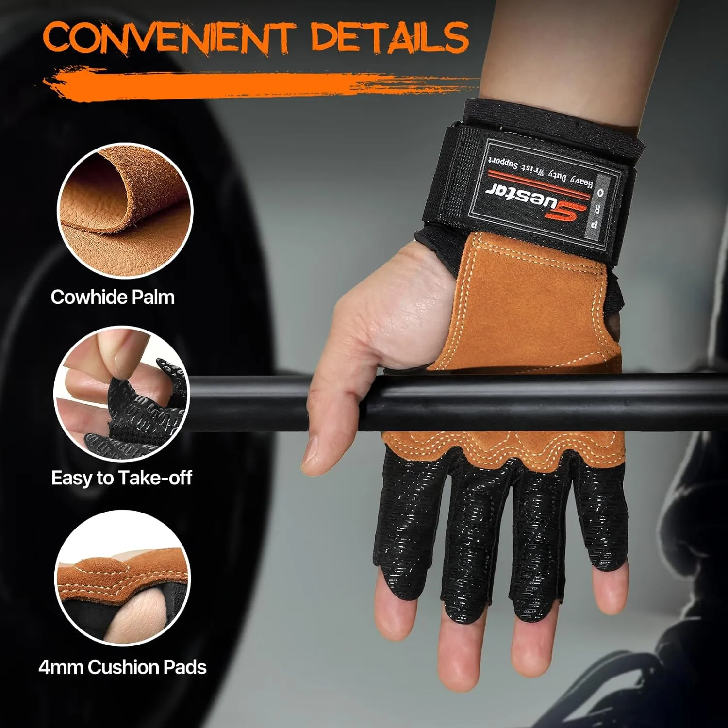 Workout Gloves, Heavy Duty Cowhide Padded Weight Lifting Gloves with Wrist Support, Full Palm Protection & Silicone Grips Gym for Weightlifting, Deadlifts, Exercise