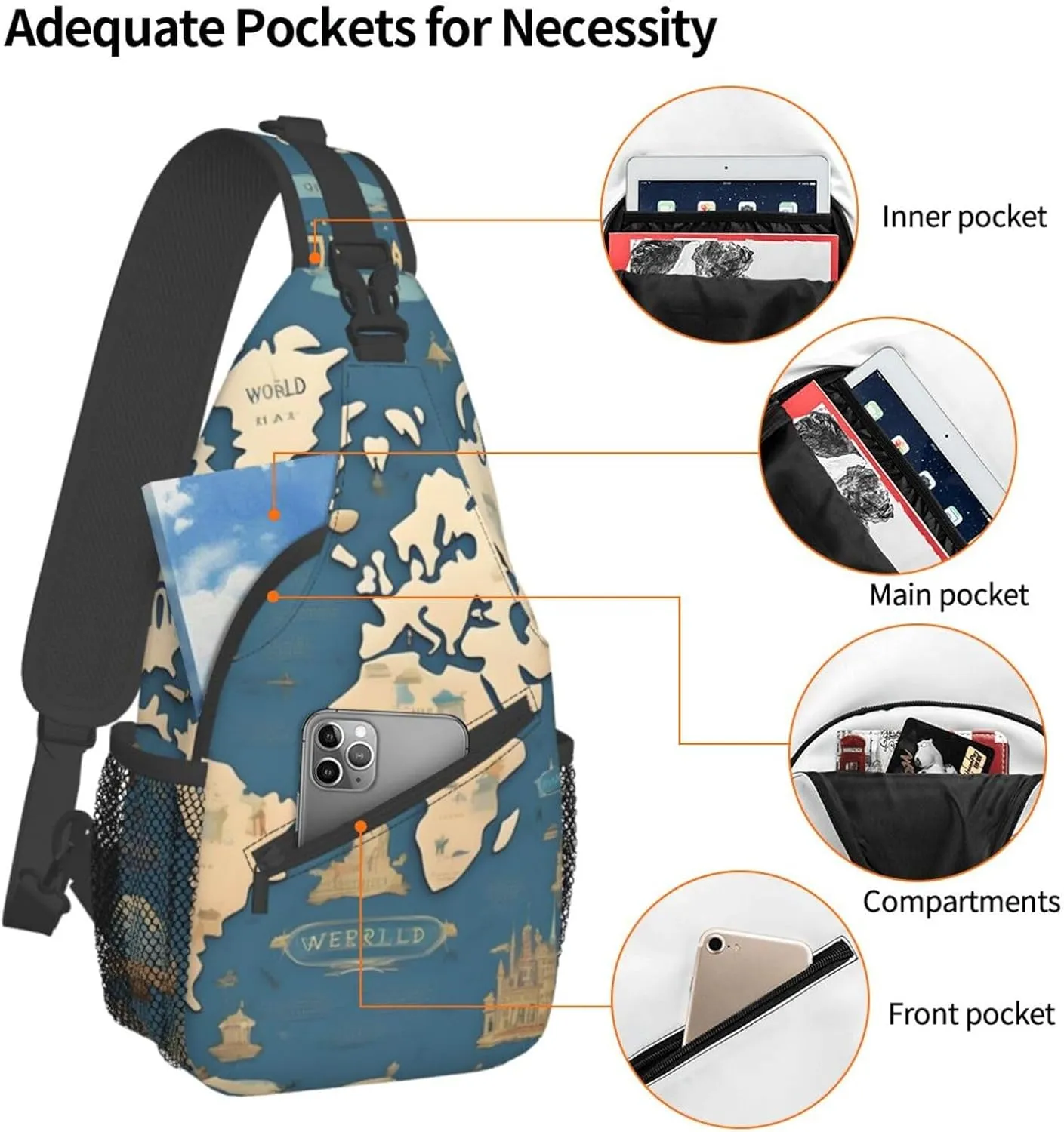 World Map High Storage Capacity Chest Bag Diagonally Sling Backpack Crossbody Shoulder Bag For Men Women