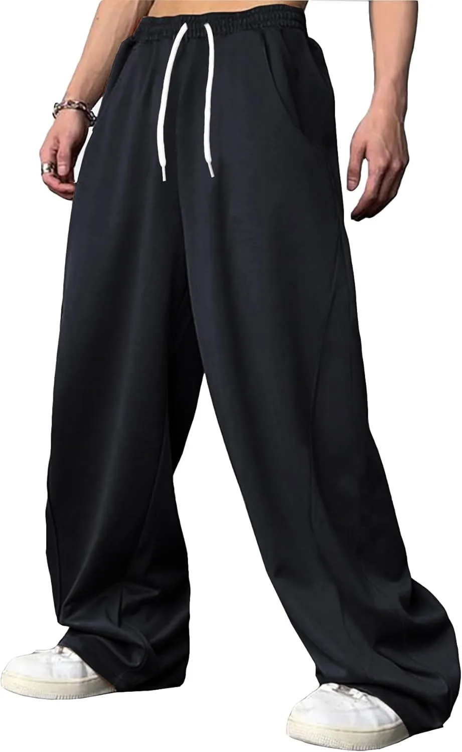 WZIKAI Men's Baggy Sweatpants Elastic Waist Drawstring Wide Leg Sweatpants Casual Loose Baggy Joggers with Pockets