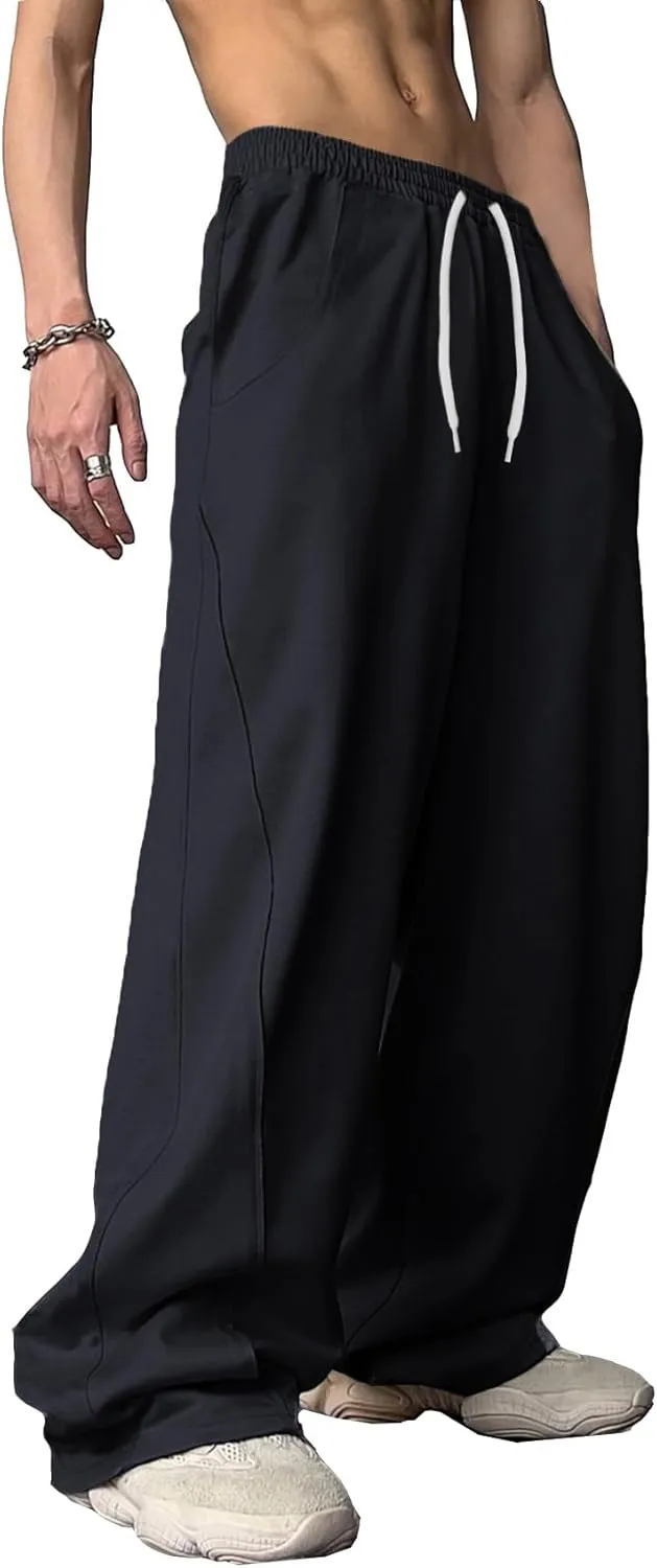 WZIKAI Men's Baggy Sweatpants Elastic Waist Drawstring Wide Leg Sweatpants Casual Loose Baggy Joggers with Pockets
