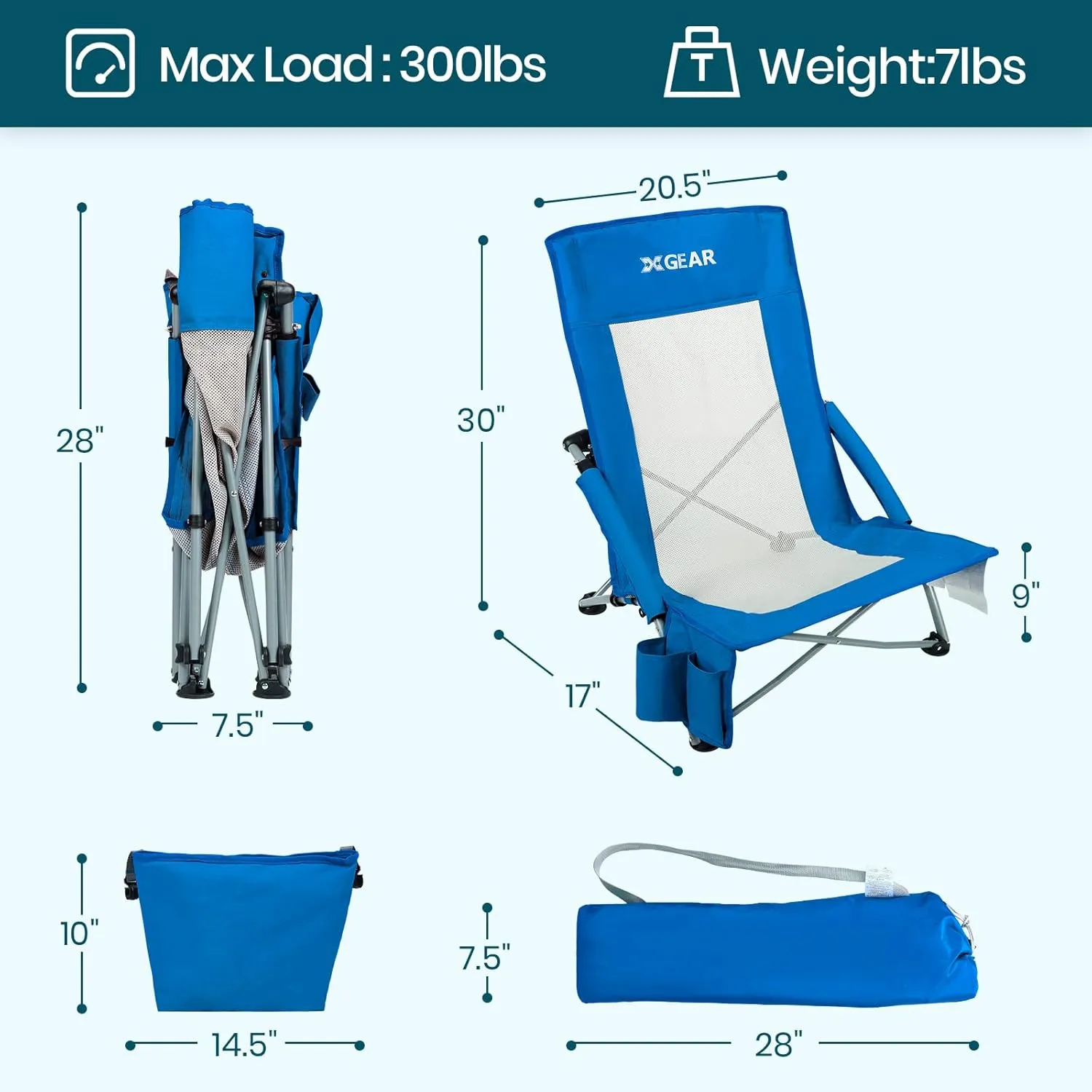 XGEAR High Back Folding Beach Chair with Detachable Cooler Bag High Back Mesh Back Sand Chair for Beach, Lawn, Camping, Travel, Support Up to 350 lbs