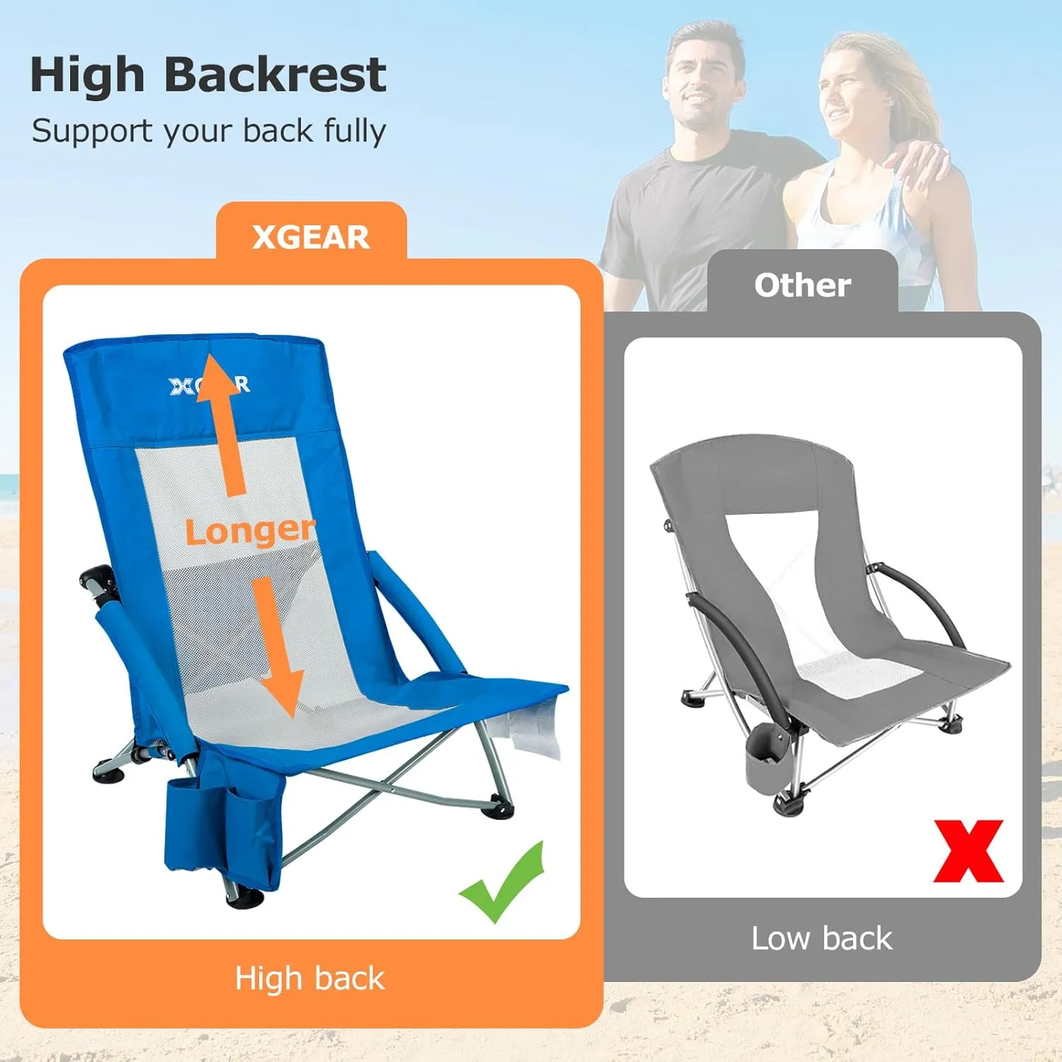 XGEAR High Back Folding Beach Chair with Detachable Cooler Bag High Back Mesh Back Sand Chair for Beach, Lawn, Camping, Travel, Support Up to 350 lbs