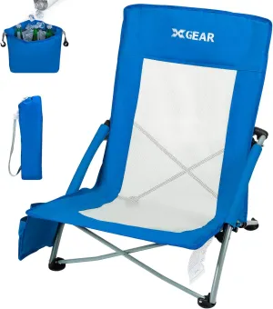 XGEAR High Back Folding Beach Chair with Detachable Cooler Bag High Back Mesh Back Sand Chair for Beach, Lawn, Camping, Travel, Support Up to 350 lbs