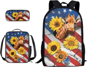 Xoenoiee Boys Girls School Backpacks Book Bag Set with Lunch Bags Pencil Case,3 Piece, Travel Hiking Camping Daypack Set Giraffe Sunflower American Flag Pattern