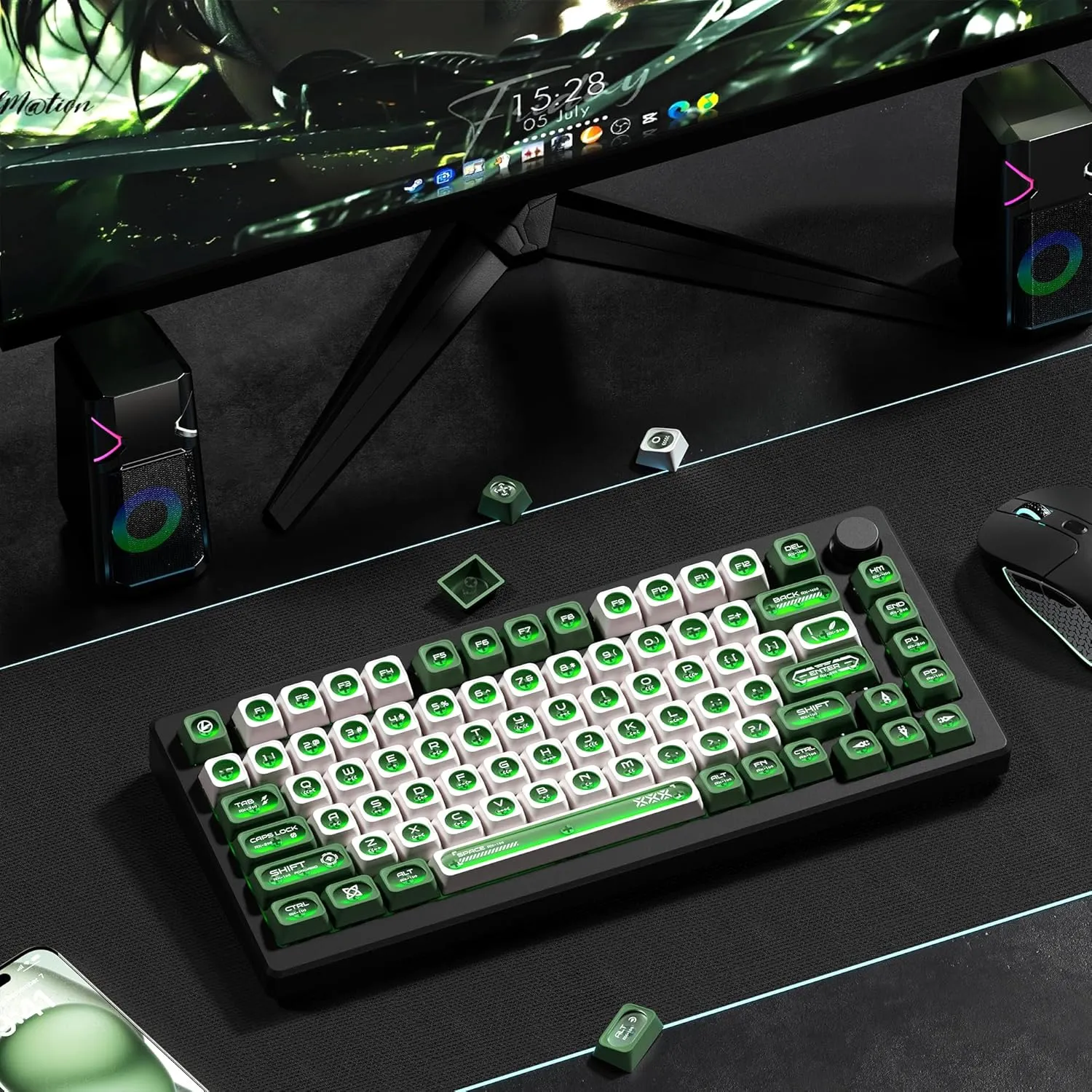 XVX Green and White Shine Through Keycaps for Mechanical Keyboards - 136 Keys Green Translucent Cat Eye Design,Cherry MAX Profile, PC PBT Frosted RGB Keycaps