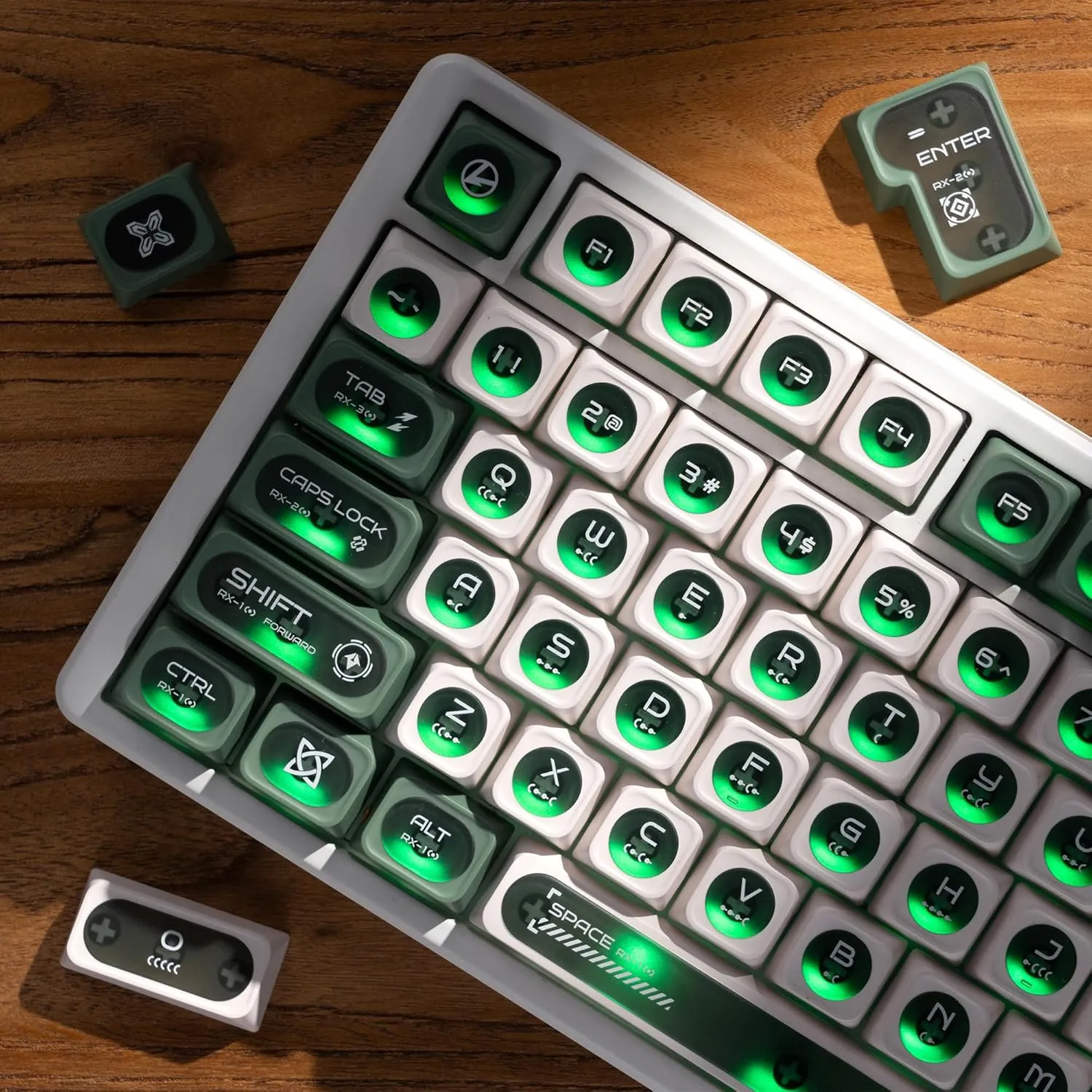 XVX Green and White Shine Through Keycaps for Mechanical Keyboards - 136 Keys Green Translucent Cat Eye Design,Cherry MAX Profile, PC PBT Frosted RGB Keycaps