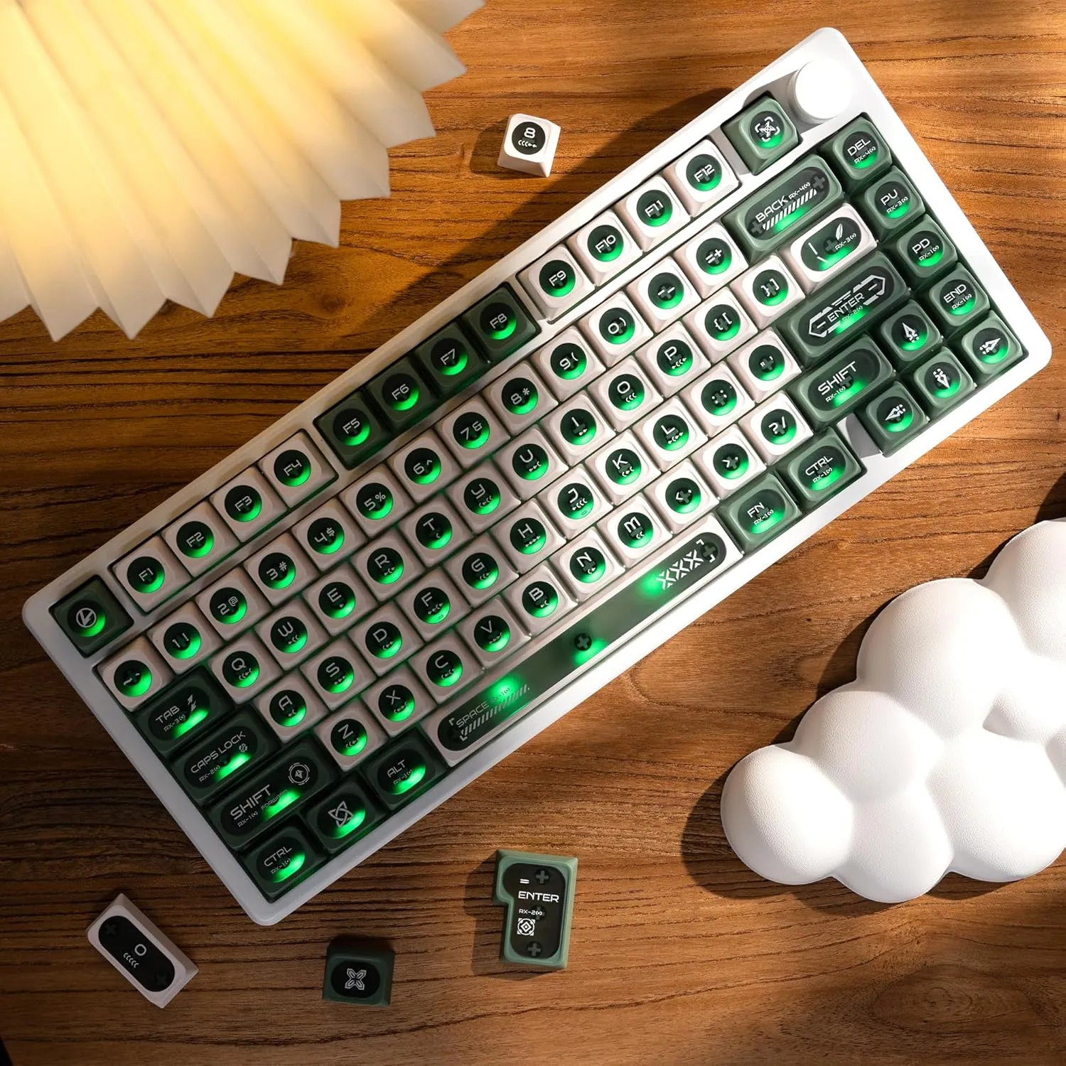 XVX Green and White Shine Through Keycaps for Mechanical Keyboards - 136 Keys Green Translucent Cat Eye Design,Cherry MAX Profile, PC PBT Frosted RGB Keycaps