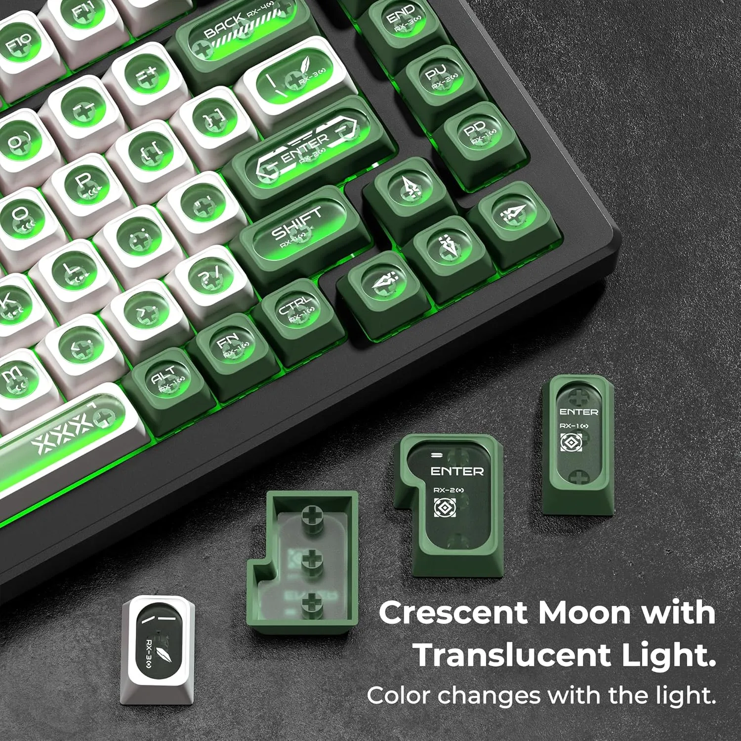 XVX Green and White Shine Through Keycaps for Mechanical Keyboards - 136 Keys Green Translucent Cat Eye Design,Cherry MAX Profile, PC PBT Frosted RGB Keycaps