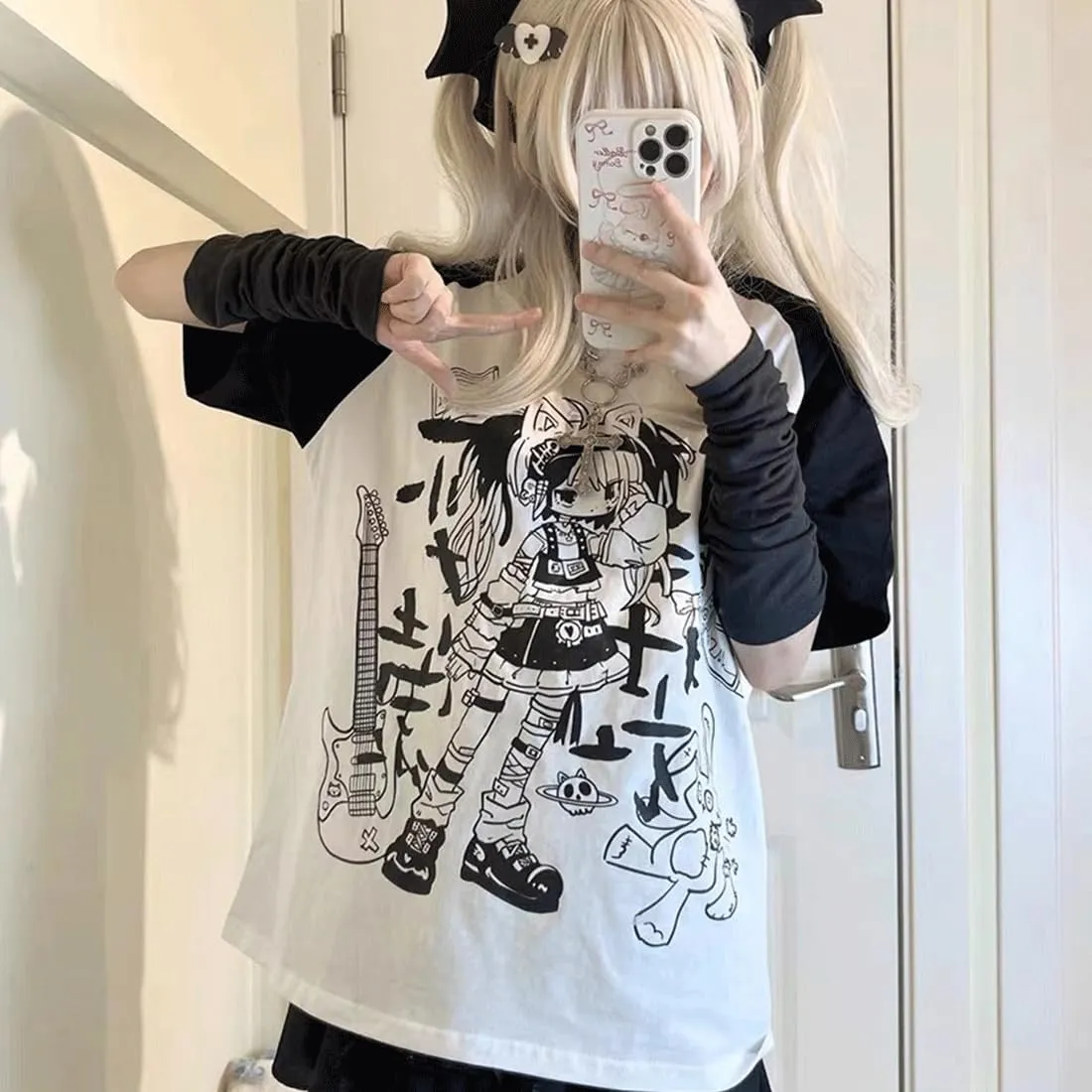 Y2K Harajuku Kawaii Gothic Clothes Casual Soft Raglan Sleeve Crewneck Cute Cartoon Gyaru Girl Print T-Shirt