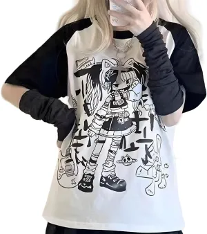 Y2K Harajuku Kawaii Gothic Clothes Casual Soft Raglan Sleeve Crewneck Cute Cartoon Gyaru Girl Print T-Shirt