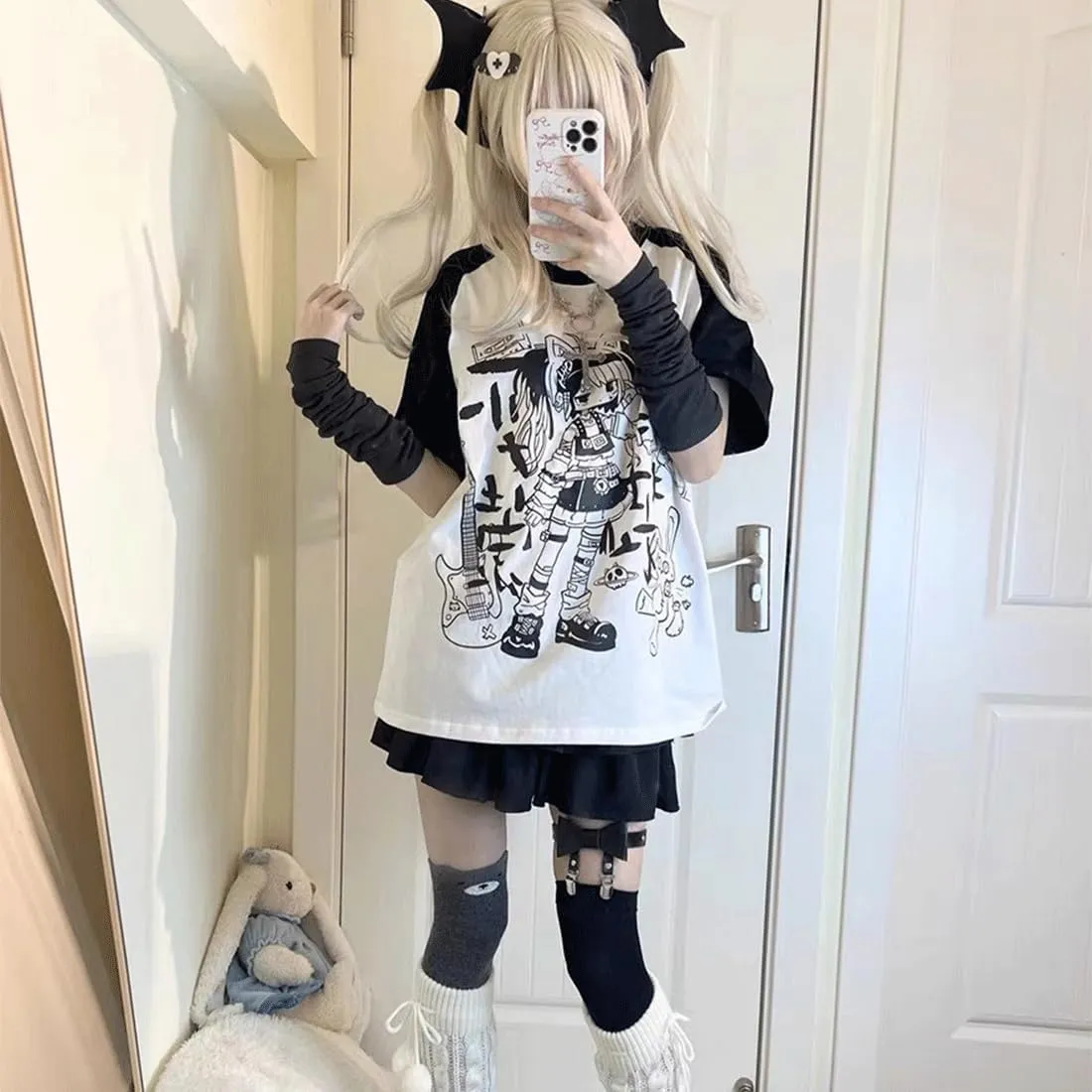 Y2K Harajuku Kawaii Gothic Clothes Casual Soft Raglan Sleeve Crewneck Cute Cartoon Gyaru Girl Print T-Shirt