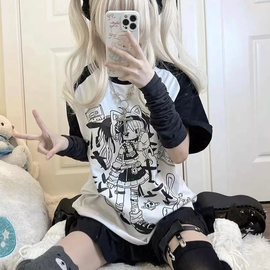 Y2K Harajuku Kawaii Gothic Clothes Casual Soft Raglan Sleeve Crewneck Cute Cartoon Gyaru Girl Print T-Shirt