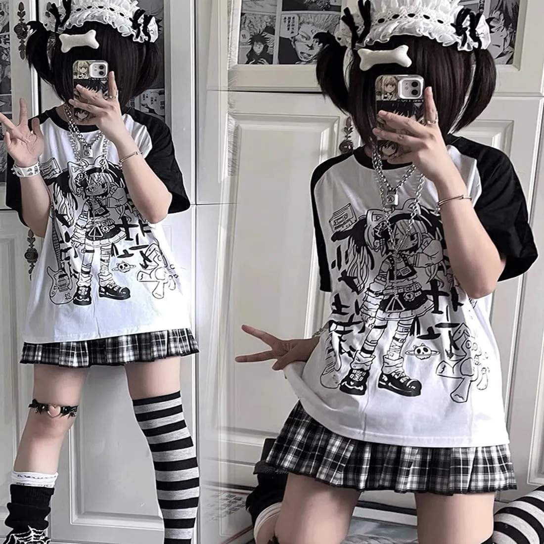 Y2K Harajuku Kawaii Gothic Clothes Casual Soft Raglan Sleeve Crewneck Cute Cartoon Gyaru Girl Print T-Shirt