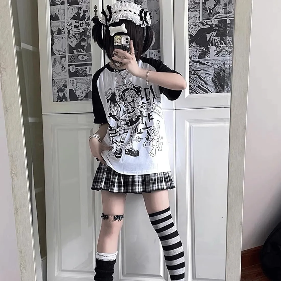 Y2K Harajuku Kawaii Gothic Clothes Casual Soft Raglan Sleeve Crewneck Cute Cartoon Gyaru Girl Print T-Shirt