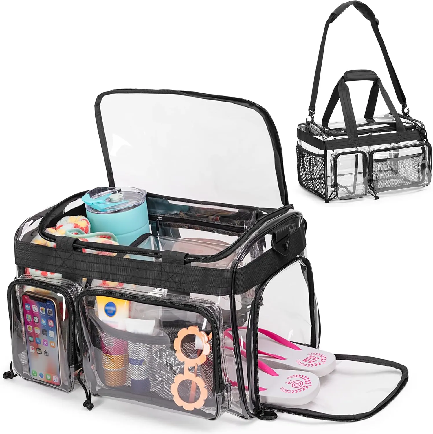 Yarwo Large Clear Beach Bag for Men and Women, Waterproof Sandproof PVC Beach Tote Bag with Shoe Compartment and Accessory Pockets, Zipper Closure Clear Tote Bag for Pool, Stadium, Yacht