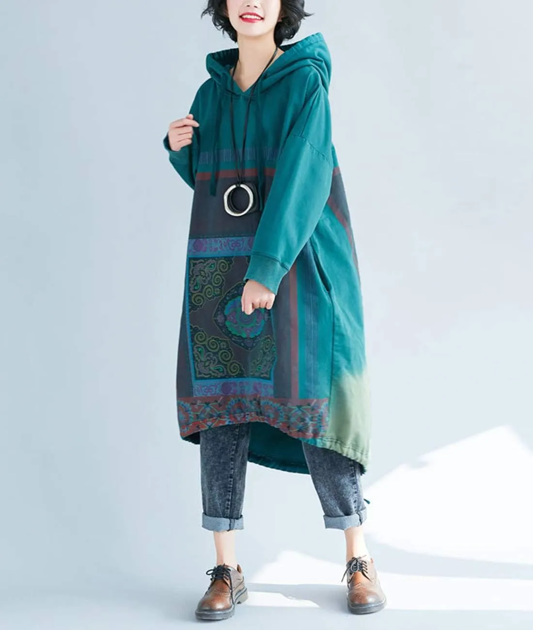YESNO JCJ Women Casual Loose Ethnic Floral Hoodies Sweatshirts Jackets Long Sleeve/Pockets