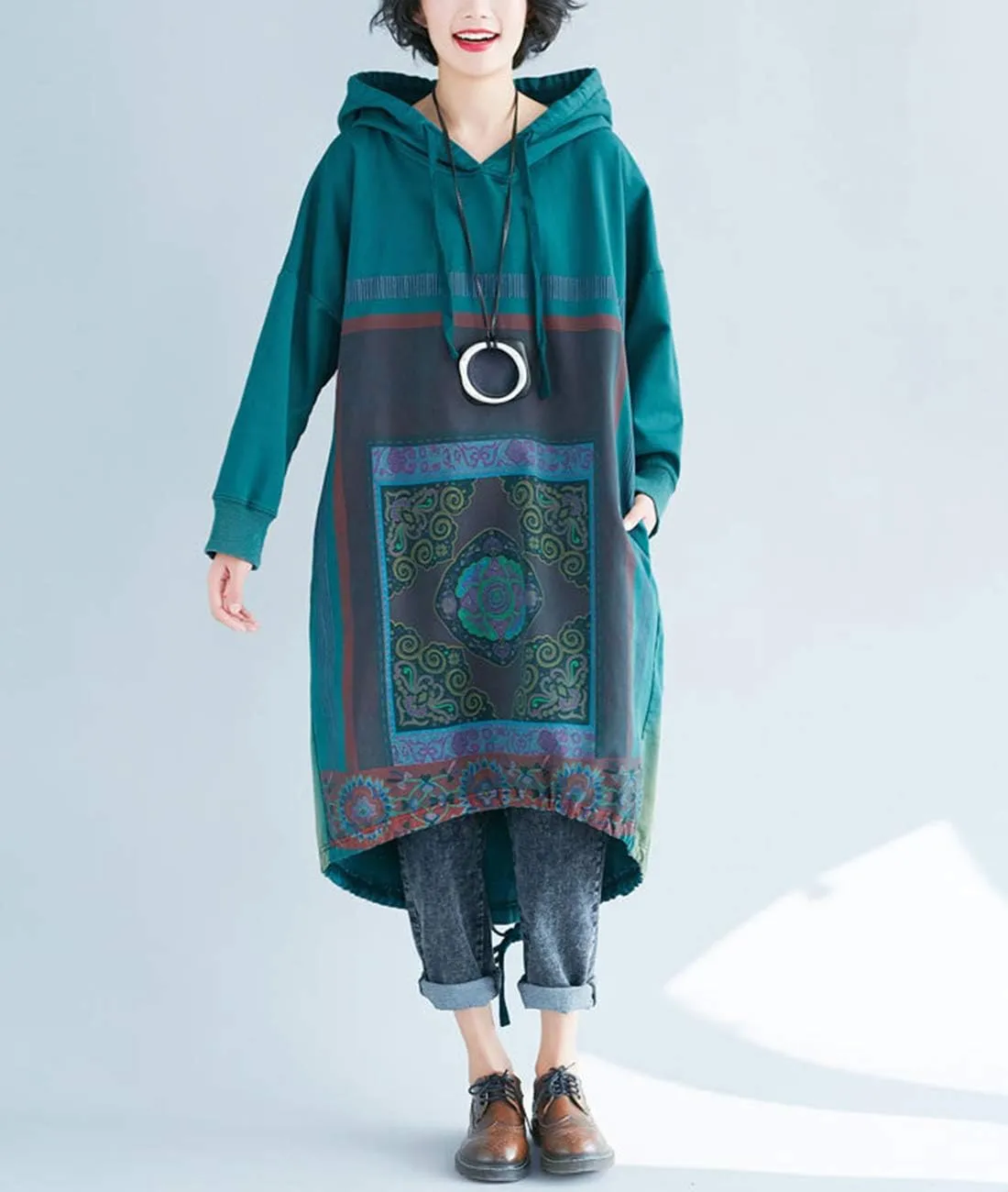 YESNO JCJ Women Casual Loose Ethnic Floral Hoodies Sweatshirts Jackets Long Sleeve/Pockets