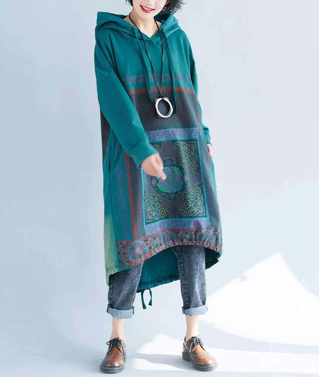 YESNO JCJ Women Casual Loose Ethnic Floral Hoodies Sweatshirts Jackets Long Sleeve/Pockets