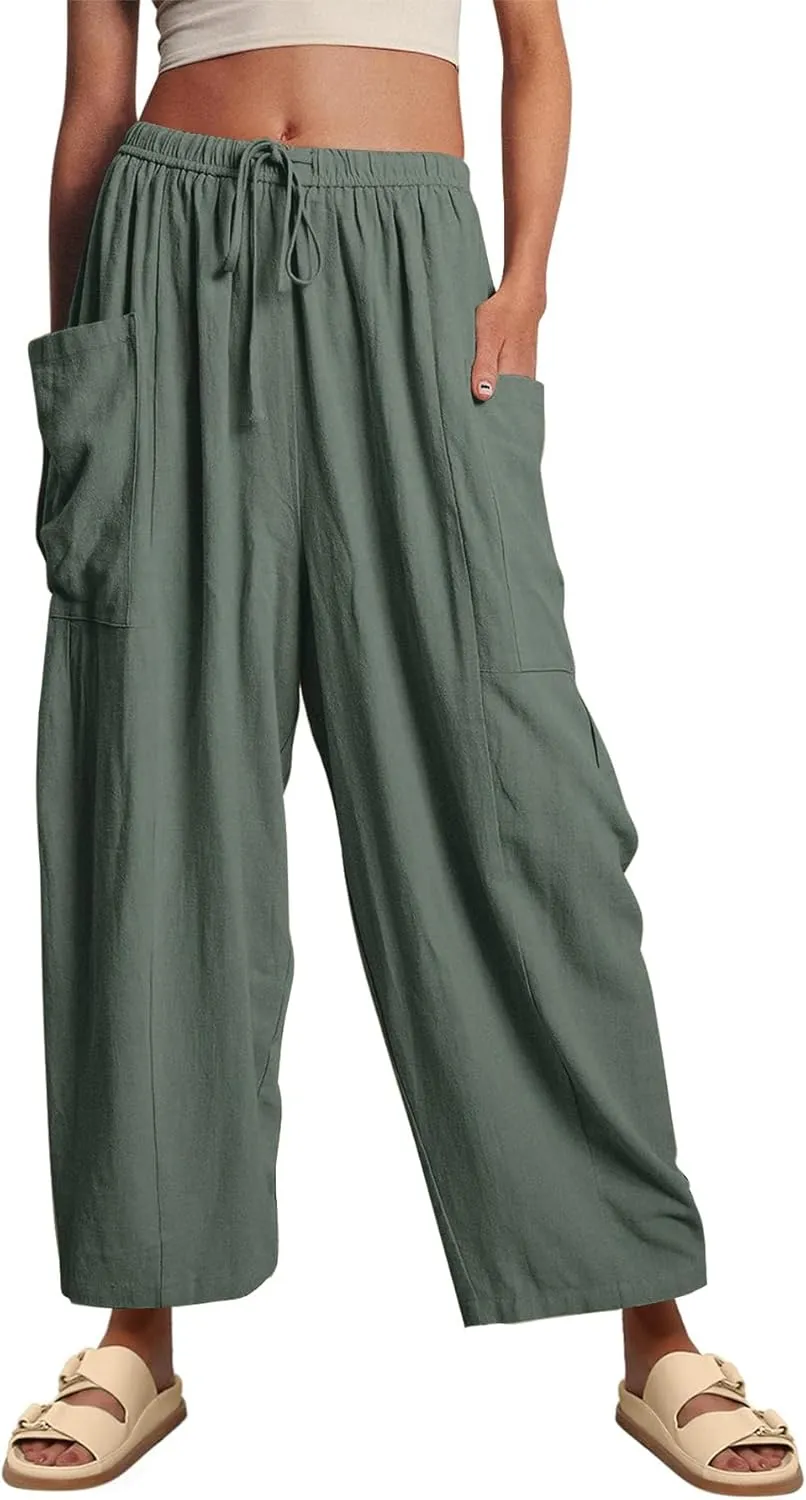 YKR Wide Leg Pants Woman Casual Loose Lightweigt Beach Palazzo Harem Pants Flowy Pants 2024 Green 2XL