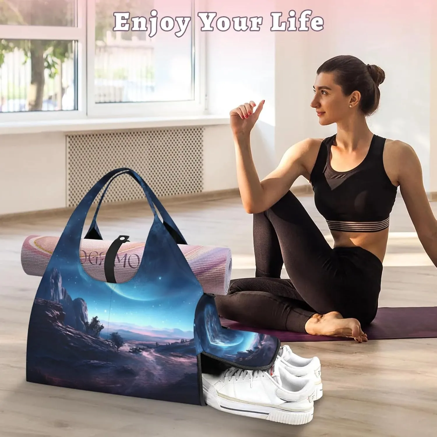 Yoga Tote Bag for Women Mysterious Moon Beach Bag with Shoe Storage & Yoga Mat Strap Waterproof Weekender Duffle Bag for Travel Fitness Weekend Trips