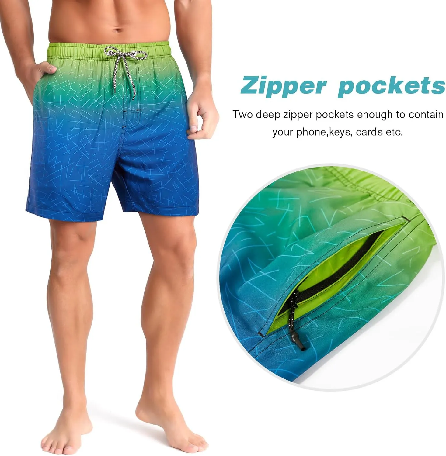 zeetoo Mens Swim Trunks with Compression Liner 5" Inseam Quick Dry Beach Shorts with Zipper Pockets