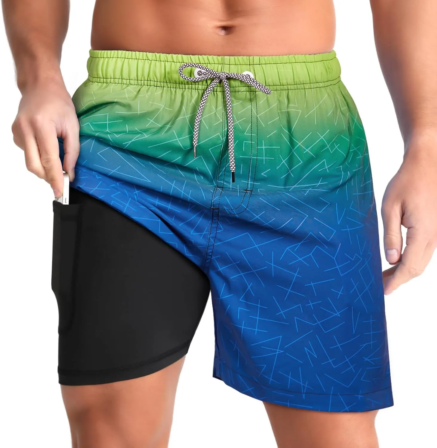 zeetoo Mens Swim Trunks with Compression Liner 5" Inseam Quick Dry Beach Shorts with Zipper Pockets
