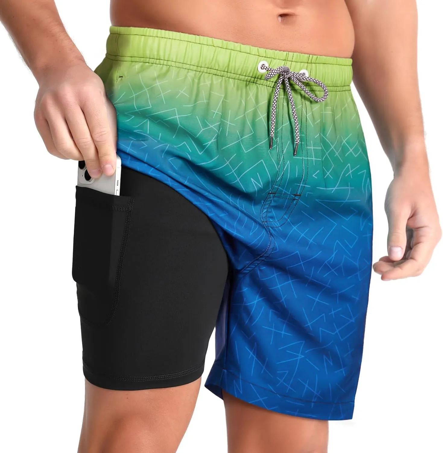 zeetoo Mens Swim Trunks with Compression Liner 5" Inseam Quick Dry Beach Shorts with Zipper Pockets