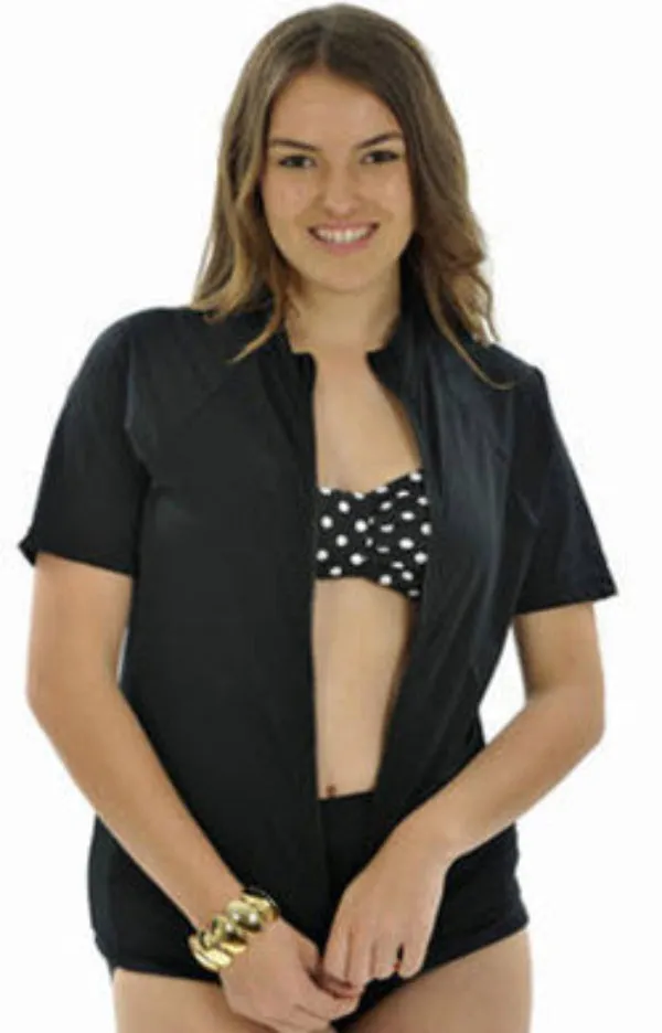 Zip Short Sleeve Rash - Chlorine Resistant SPF50  S - XL Black