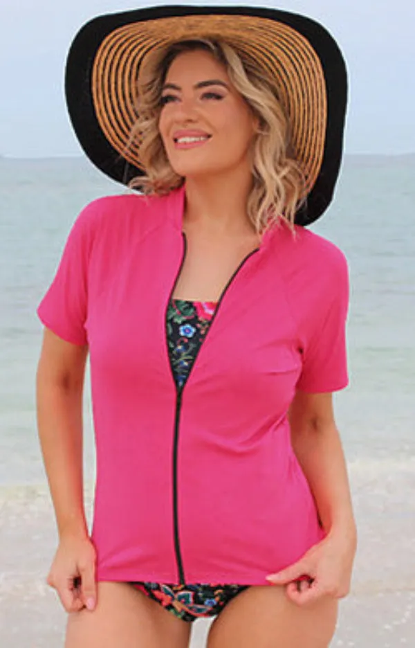 Zip Short Sleeve Rash - Chlorine Resistant SPF50  S - XL Black