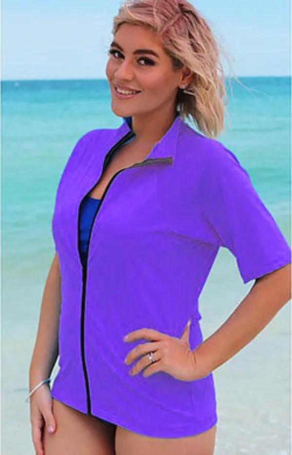 Zip Short Sleeve Rash - Chlorine Resistant SPF50  S - XL Black