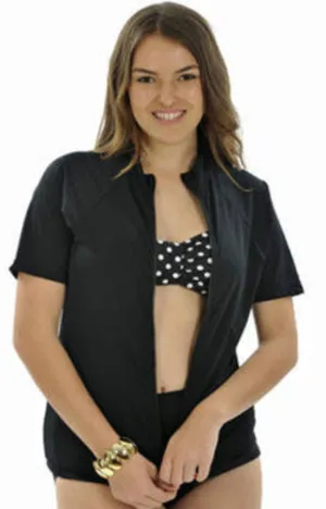 Zip Short Sleeve Rash - Chlorine Resistant SPF50  S - XL Black
