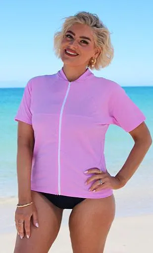 Zip Short Sleeve Rash - Chlorine Resistant SPF50  S - XL Light Blue