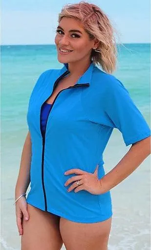 Zip Short Sleeve Rash - Chlorine Resistant SPF50  S - XL Light Blue