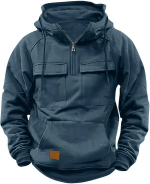 Zip Up Hoodie for Men Long Sleeve Cargo Hooded Sweatshirts Drawstring Quarter Zip Workout Gym Athletic Pullover Shirt