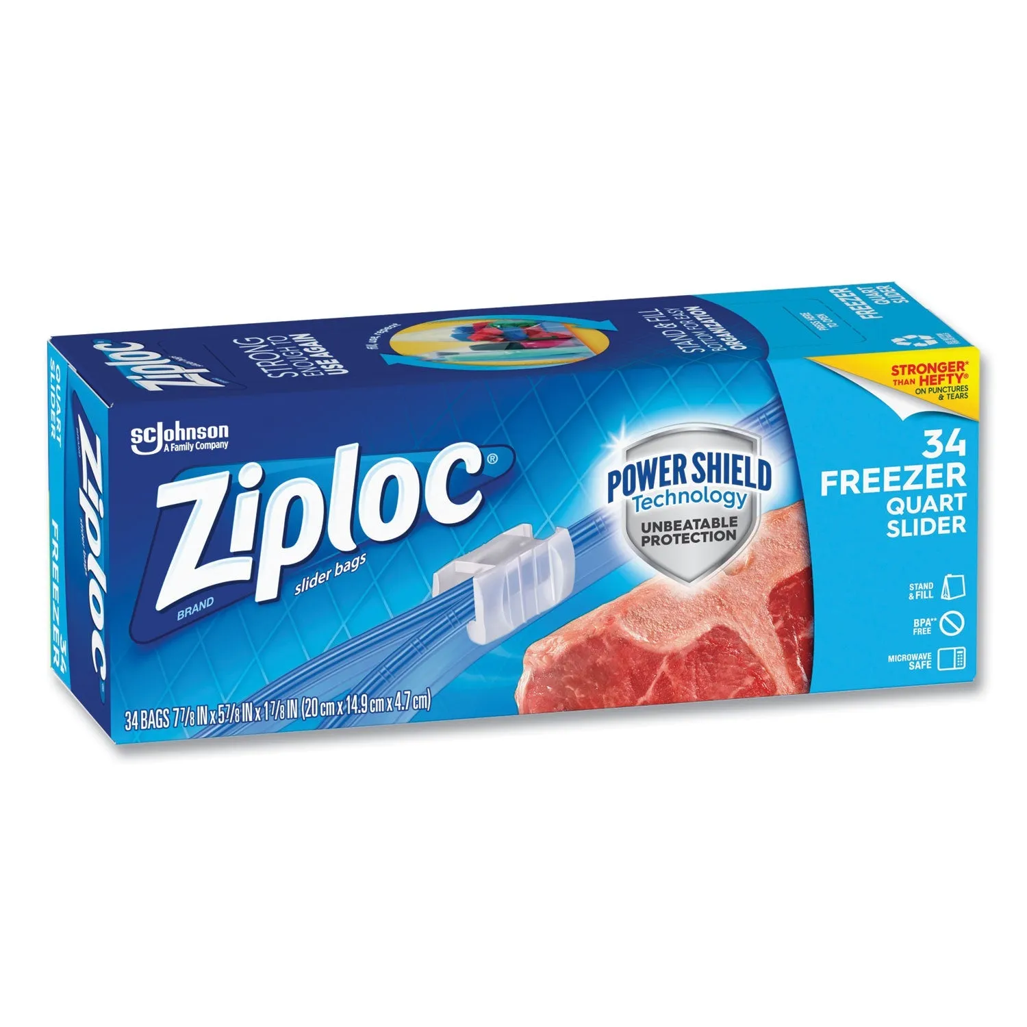 Ziploc® Slider Freezer Bags, 32 oz, 5.88" x 1.88" x 7.88", Clear, 34/Box
