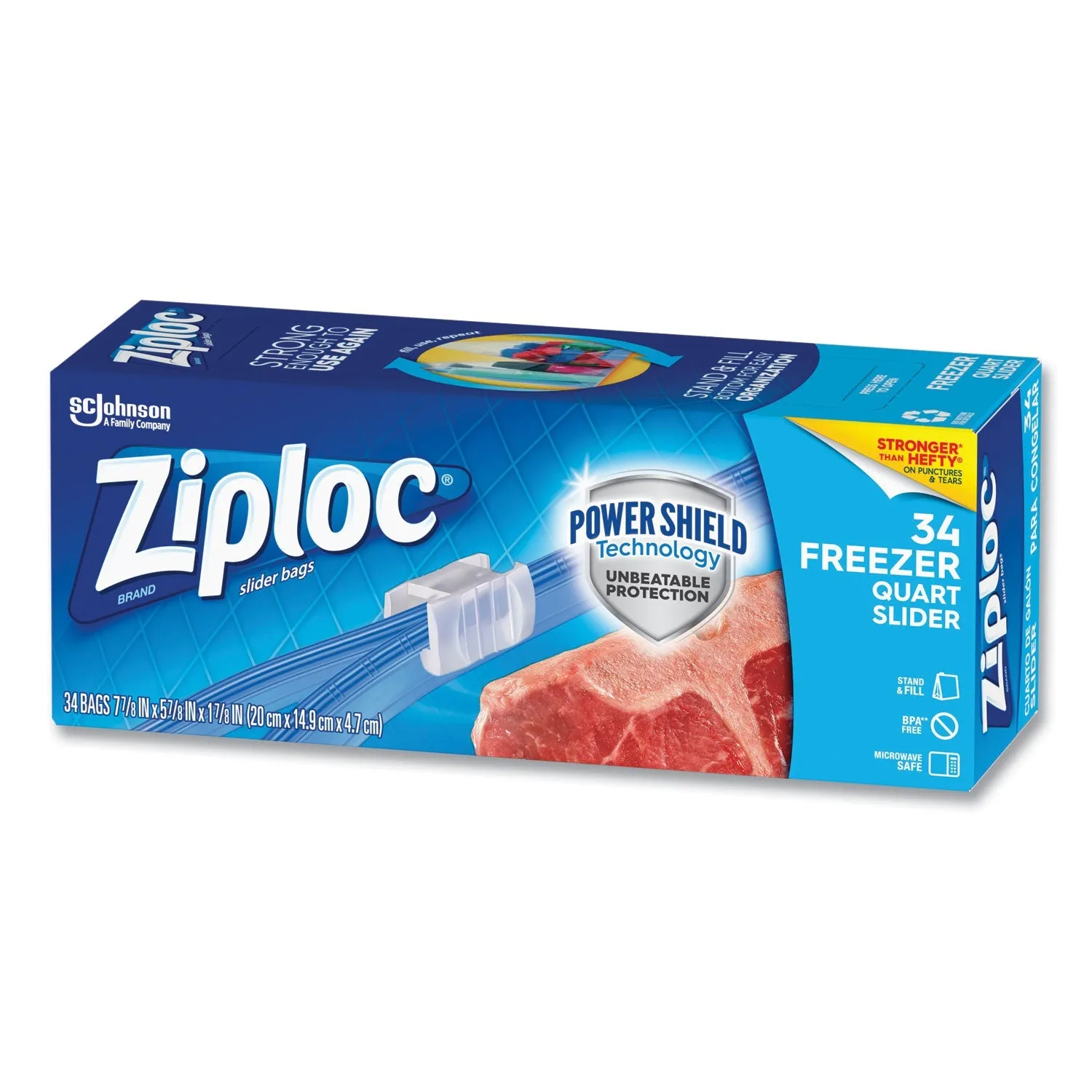 Ziploc® Slider Freezer Bags, 32 oz, 5.88" x 1.88" x 7.88", Clear, 34/Box