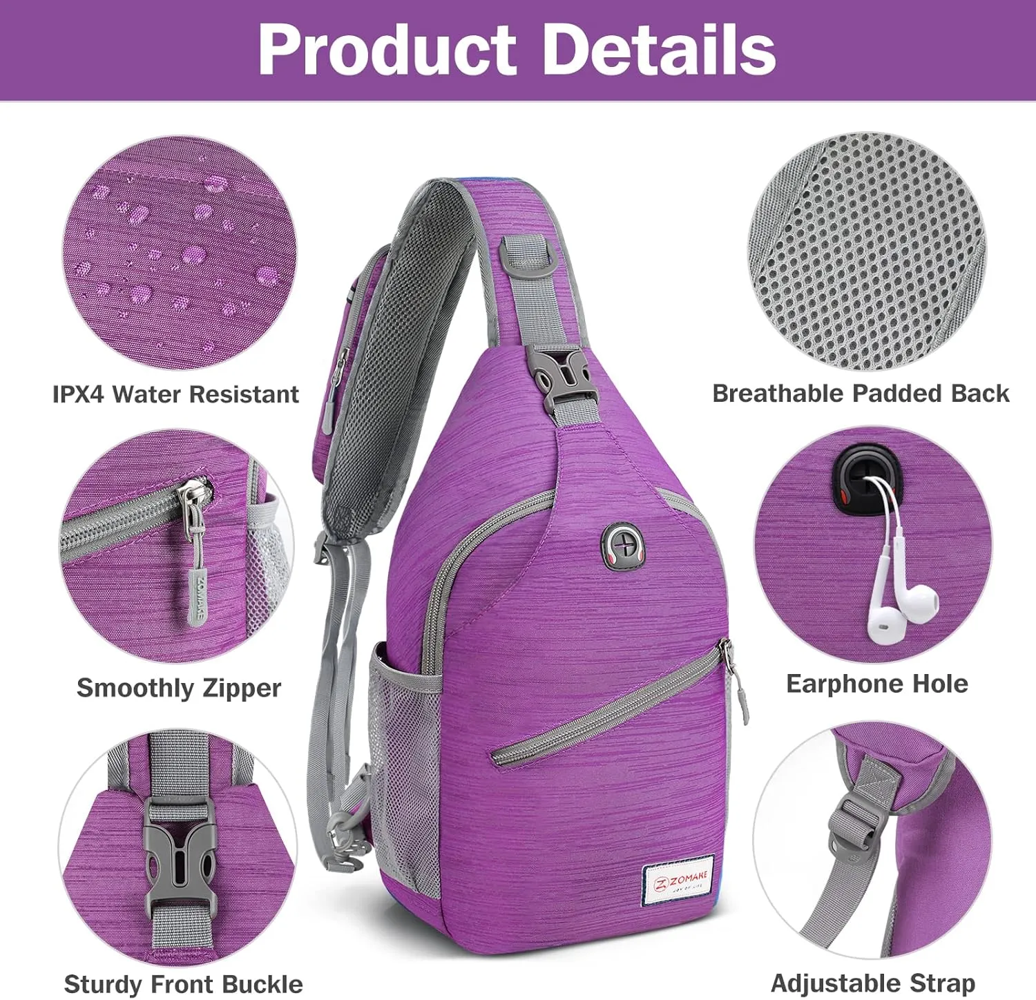 ZOMAKE Sling Bag for Women Men, Small Crossbody Sling Backpack, Mini Water Resistant Shoulder Daypack for Travel, Anti Thief Chest Bag for Hiking, Sports, Purple(Stripe)