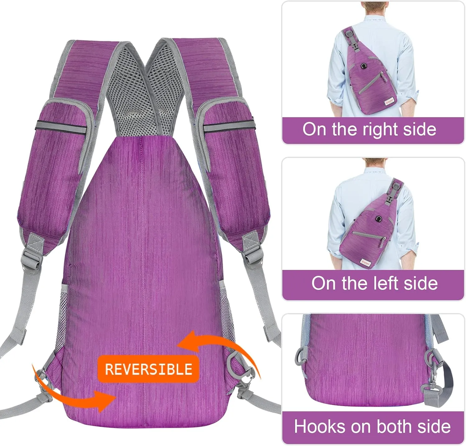 ZOMAKE Sling Bag for Women Men, Small Crossbody Sling Backpack, Mini Water Resistant Shoulder Daypack for Travel, Anti Thief Chest Bag for Hiking, Sports, Purple(Stripe)