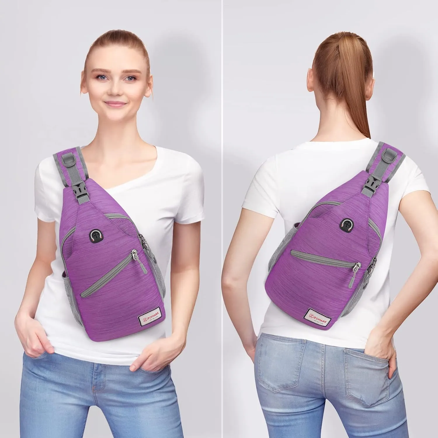 ZOMAKE Sling Bag for Women Men, Small Crossbody Sling Backpack, Mini Water Resistant Shoulder Daypack for Travel, Anti Thief Chest Bag for Hiking, Sports, Purple(Stripe)