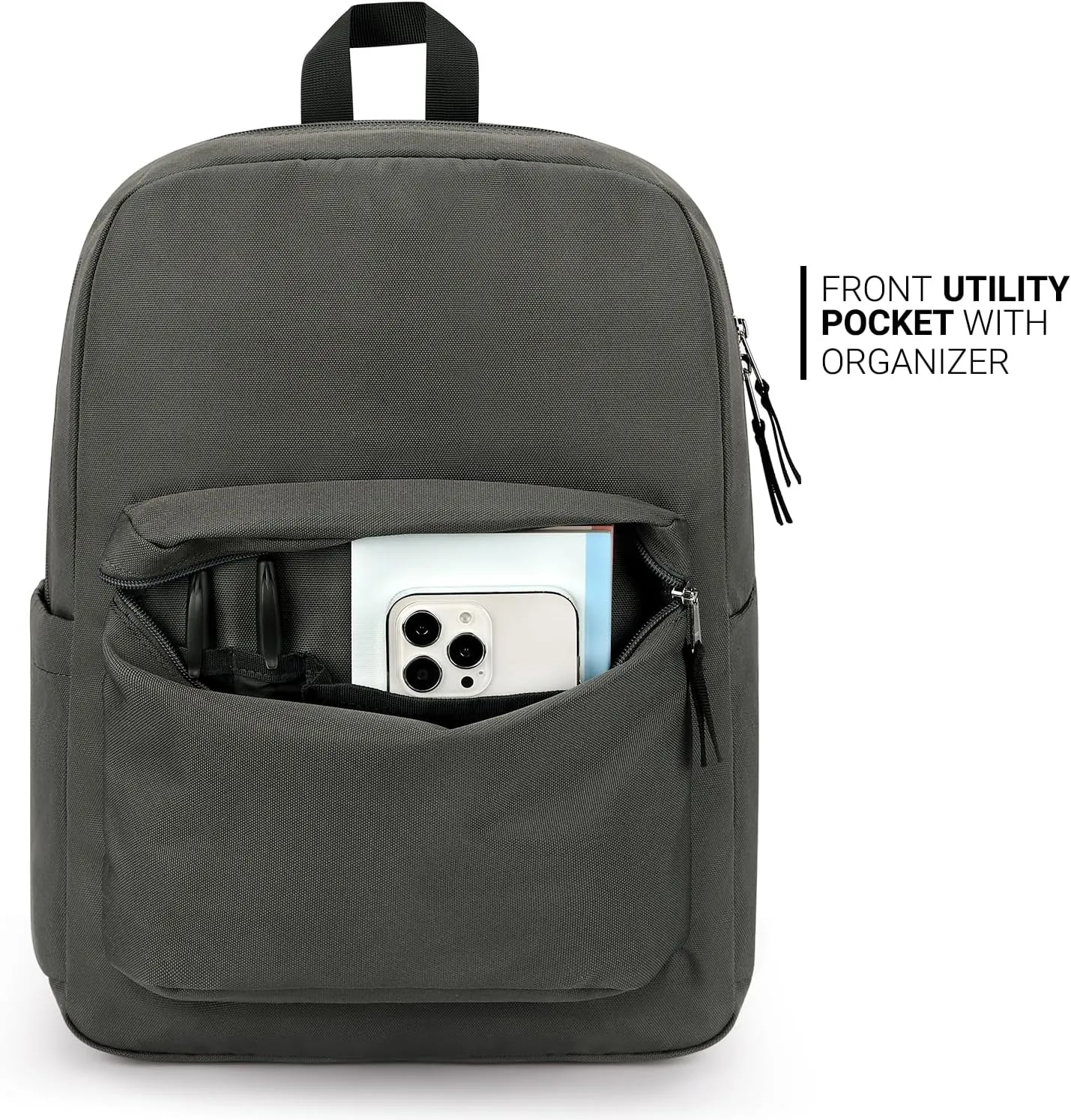ZORFIN Simple Backpack for School Work Travel: Lightweight Bookbag for Girls and Boys - Water Resistant Backpacks for Men and Women - Graphite Grey