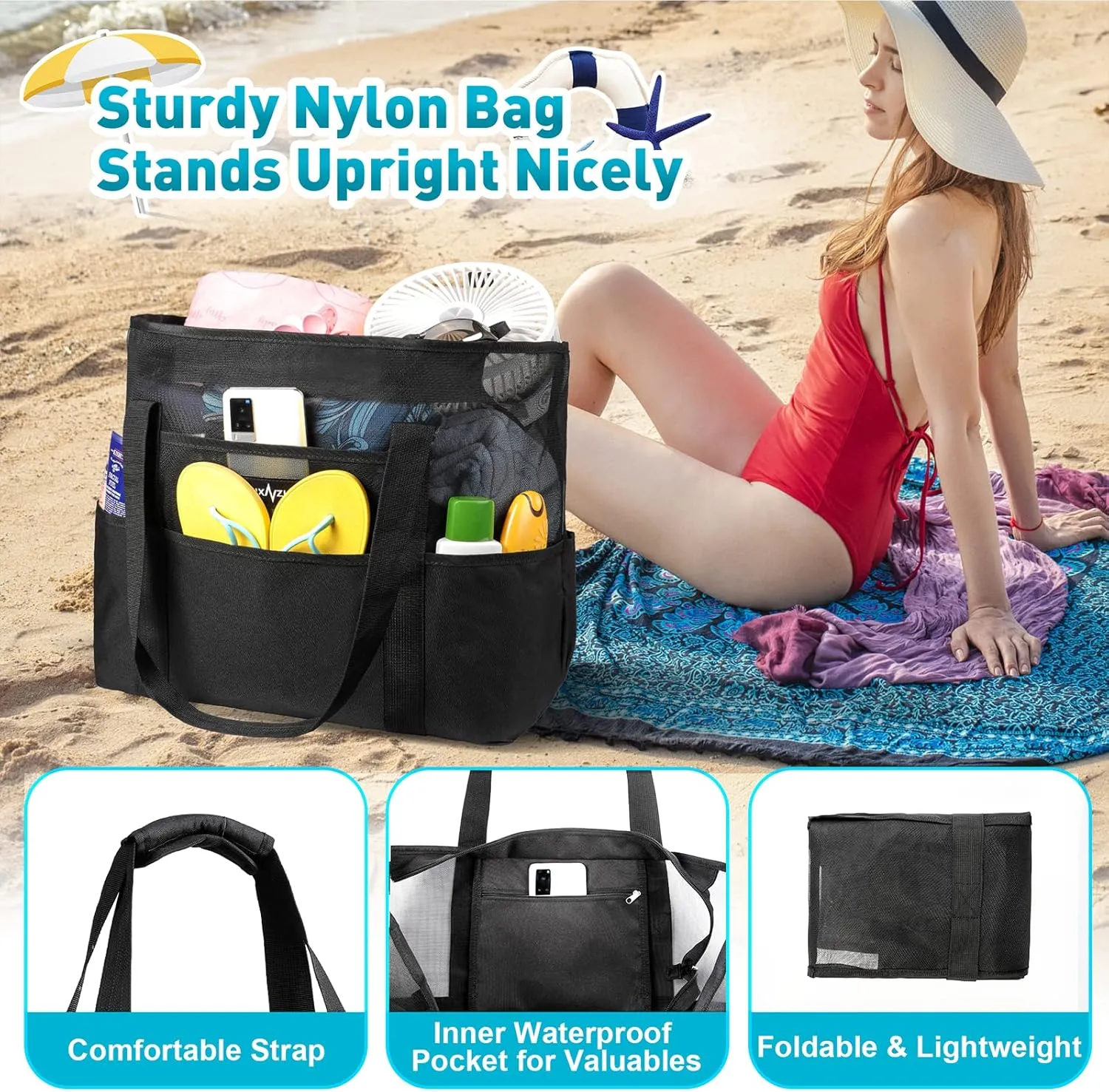 ZUXNZUX Mesh Beach Bag - Large Waterproof Beach Tote Bag with Zipper, Oversized Foldable Lightweight Family Swim Bag Vacation