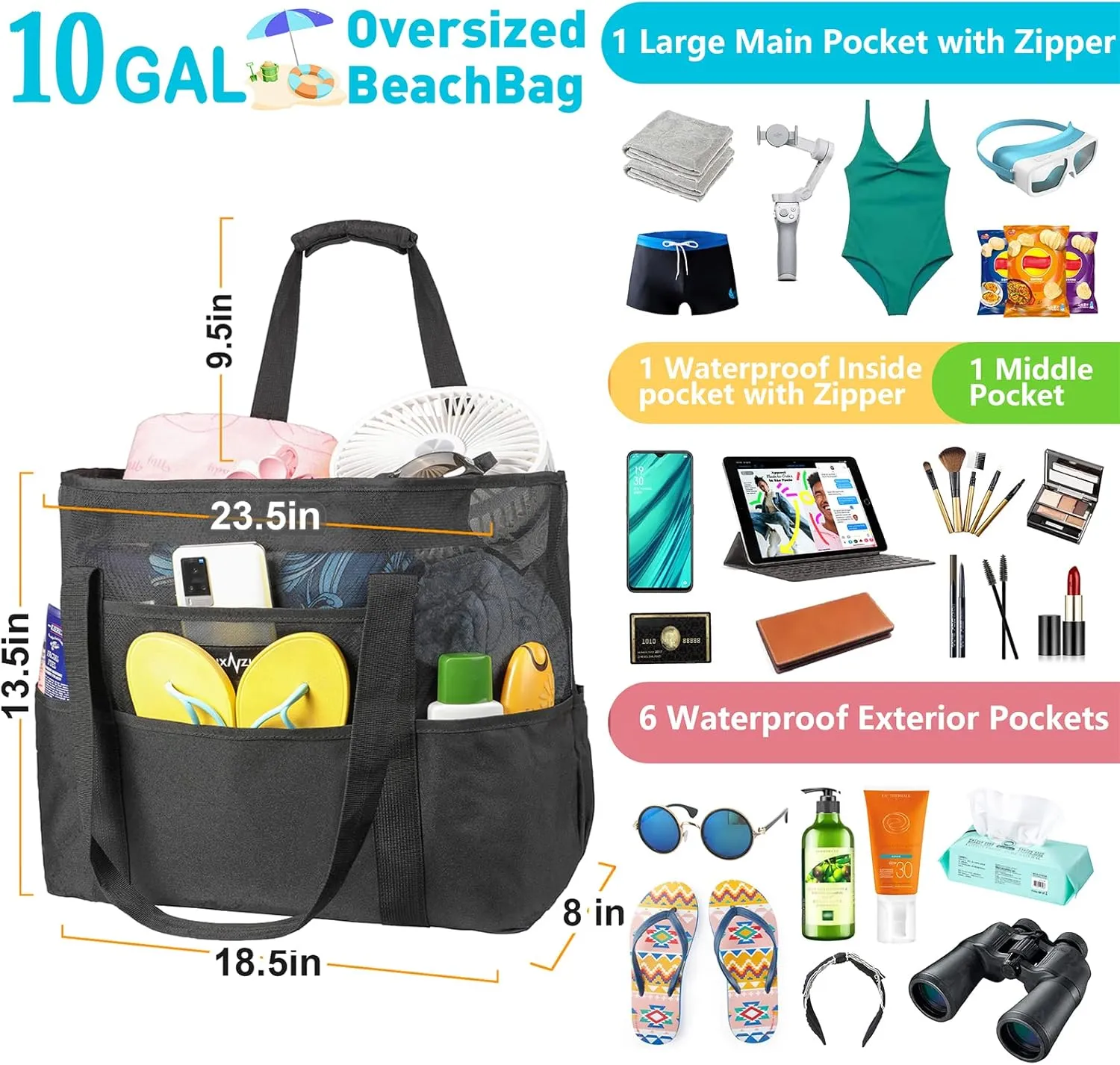 ZUXNZUX Mesh Beach Bag - Large Waterproof Beach Tote Bag with Zipper, Oversized Foldable Lightweight Family Swim Bag Vacation