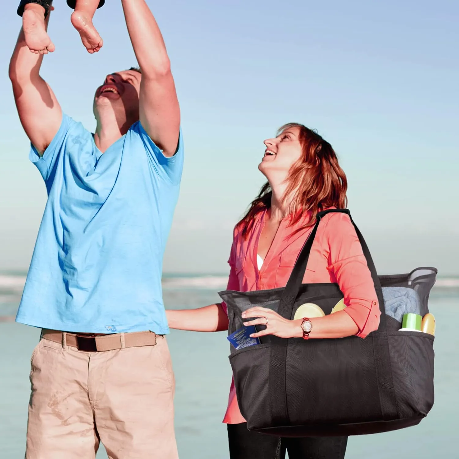 ZUXNZUX Mesh Beach Bag - Large Waterproof Beach Tote Bag with Zipper, Oversized Foldable Lightweight Family Swim Bag Vacation