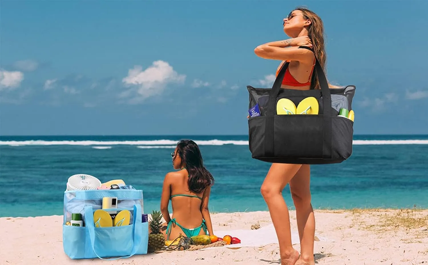ZUXNZUX Mesh Beach Bag - Large Waterproof Beach Tote Bag with Zipper, Oversized Foldable Lightweight Family Swim Bag Vacation